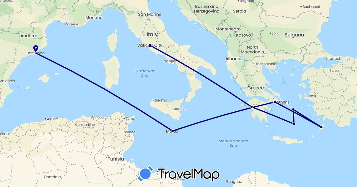 TravelMap itinerary: driving in Spain, Greece, Italy, Malta (Europe)